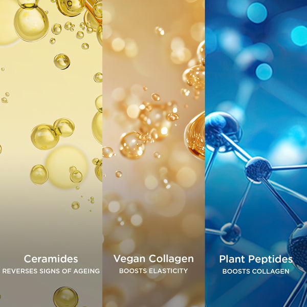 Close-up texture image split into three vertical panels: golden oil droplets labelled “Ceramides – Reverses Signs of Ageing”, soft amber-toned liquid spheres labelled “Vegan Collagen – Boosts Elasticity”, and a blue molecular structure visual labelled “Plant Peptides – Boosts Collagen”.