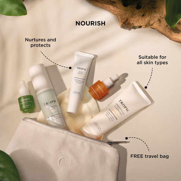 Tropic Nourish skincare set including Rainforest Dew, Morning Mist, Skin Feast, Elixir, and Smoothing Cleanser, displayed with a free travel bag. Text highlights benefits: 'Nurtures and protects,' 'Suitable for all skin types,' and 'FREE travel bag.