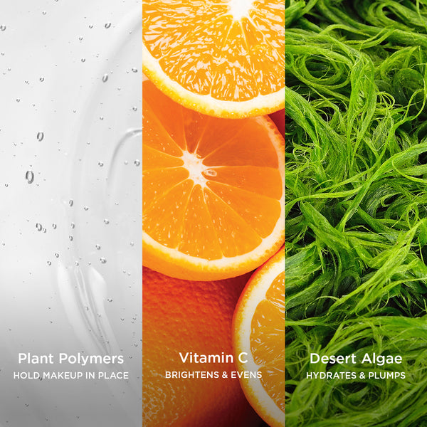 Three vertical panels showing cosmetic ingredients and their benefits: left panel with clear gel and bubbles labelled 'Plant Polymers – Hold Makeup in Place'; centre panel with close-up of sliced oranges labelled 'Vitamin C – Brightens & Evens'; right panel with green seaweed labelled 'Desert Algae – Hydrates & Plumps'.