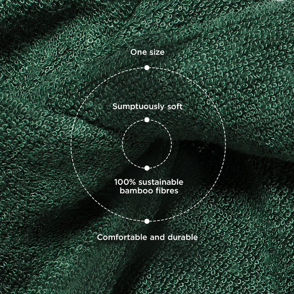 Close-up texture of green bamboo fabric with overlaid text and dotted circle graphic highlighting features: 'One size,' 'Sumptuously soft,' '100% sustainable bamboo fibres,' and 'Comfortable and durable.