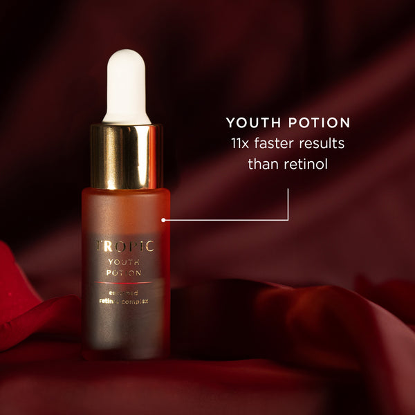 Tropic Youth Potion in a glass dropper bottle with a gold cap, styled on rich red fabric. On image text reads: “Youth Potion – 11x faster results than retinol”.