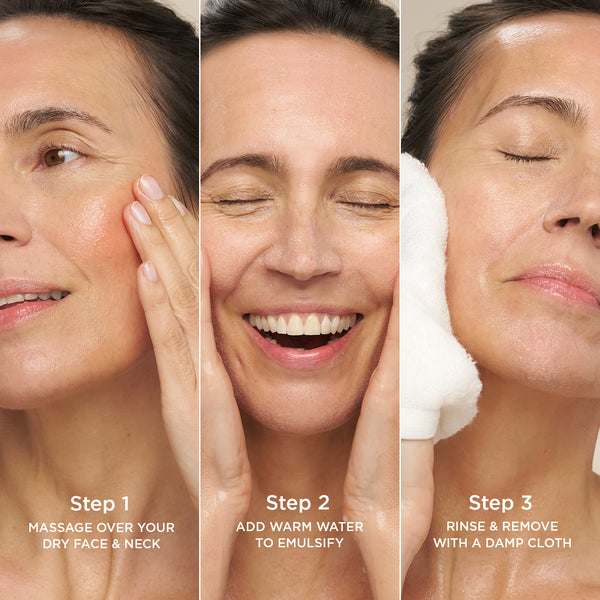 Three-panel image showing how to use Tropic Renewing Cleanser. Panel one shows the cleanser being massaged over dry face and neck with on image text: “Step 1 – Massage over dry face & neck”. Panel two shows warm water added to emulsify with text: “Step 2 – Add warm water to emulsify”. Panel three shows the cleanser being removed with a damp cloth, with text: “Step 3 – Rinse & remove with a damp cloth”.
