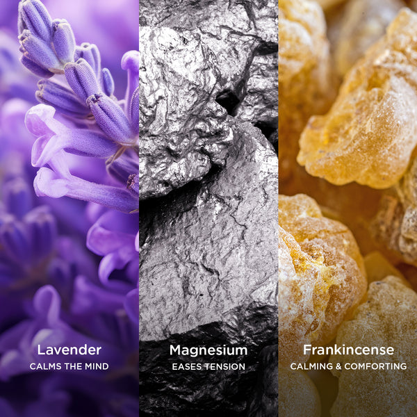Lavender flower in close-up on the left, textured silver magnesium mineral in the centre, and golden frankincense resin on the right, with overlaid text reading “Lavender – Calms The Mind”, “Magnesium – Eases Tension”, and “Frankincense – Calming & Comforting.”