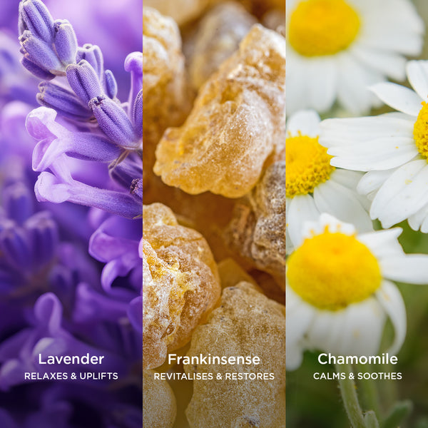 Close-up texture image split into three vertical panels: vibrant purple lavender flowers labelled “Lavender – Relaxes & Uplifts”, golden frankincense resin pieces labelled “Frankincense – Revitalises & Restores”, and soft white chamomile flowers with bright yellow centres labelled “Chamomile – Calms & Soothes”.