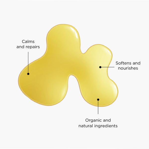 The image showcases a close-up of Tropic Little Roary Baby Oil in its golden, silky liquid form. Key benefits are highlighted:

Calms and repairs, offering soothing relief for delicate skin.
Softens and nourishes, providing deep hydration.
Organic and natural ingredients, emphasizing its gentle, safe formulation.
The rich texture reflects the product’s luxurious, nurturing qualities, perfect for baby skincare routines.