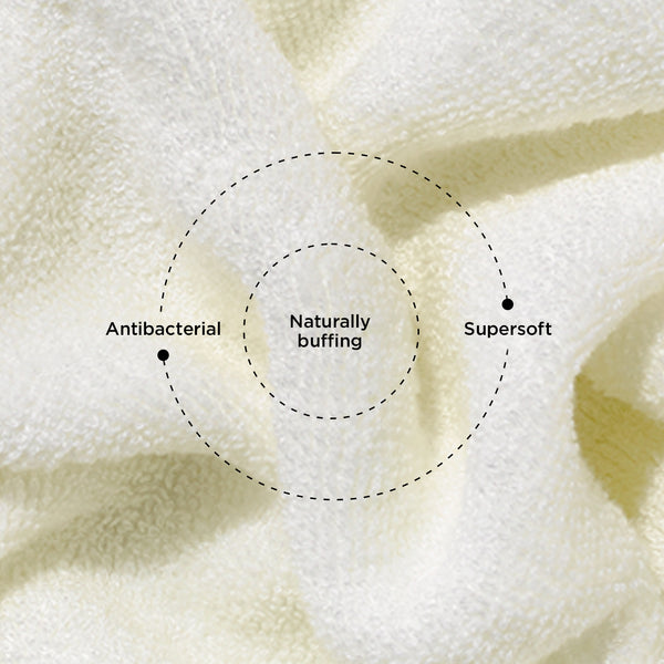 Image shows a bamboo cloth with dotted circle with the following: Bamboo face cloth is antibacterial, naturally buffing and super soft. 