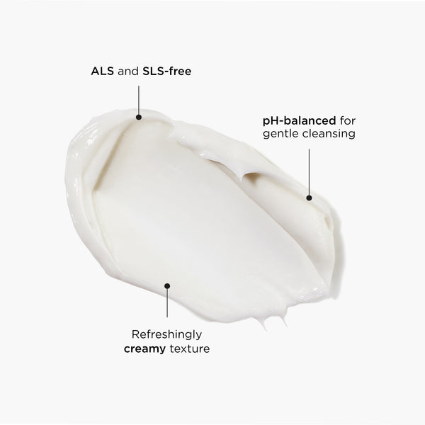 Creamy body wash texture swatch annotated with USPs; ALS and SLS-free, pH-balanced for gentle cleansing, refreshingly creamy texture.
