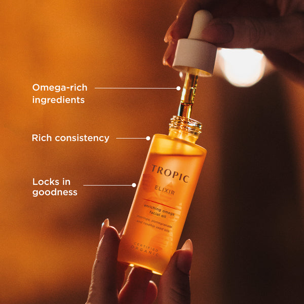 Image shows a bottle of Elixir with pipette removed from the bottle. It has Omega-rich ingredients, Rich consistency and locks in goodness.