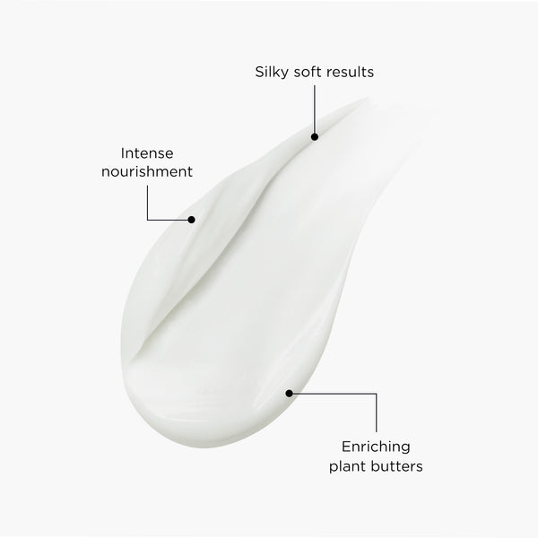 Creamy white texture swatch of hair feast conditioner annotated with USPs; intense nourishment, silky soft results, enriching plant butters.