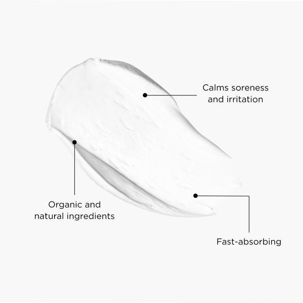 Little Emy creamy texture swatch with USP annotation. Calms soreness and irritation, Organic and natural ingredients and fast absorbing.