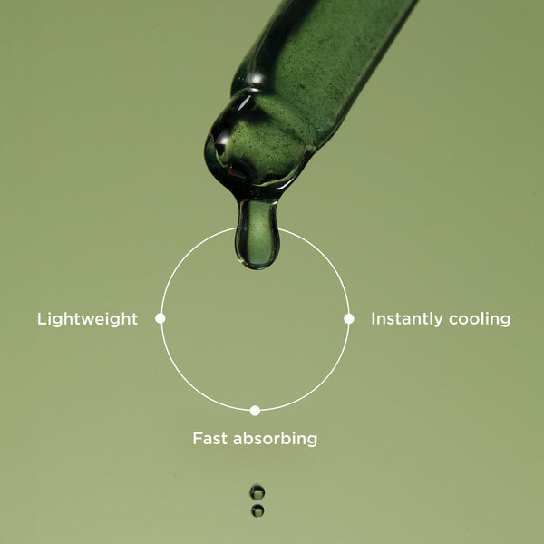 This image showcases a dropper releasing Rainforest Dew, with key features highlighted:

Lightweight formula.
Instantly cooling sensation.
Fast absorbing properties.
The green backdrop emphasizes the product’s natural, hydrating essence, designed to refresh and replenish the skin.