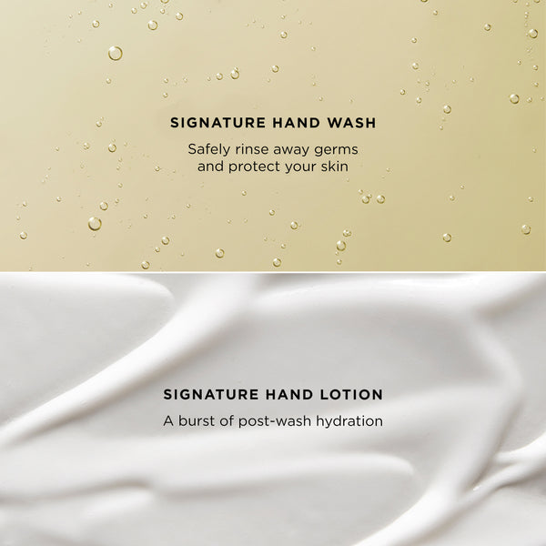 The image features a split view of the Tropic Signature Hand Collection with close-ups of the products' textures:

Top section: A golden liquid with small bubbles represents the Signature Hand Wash, paired with the text:
