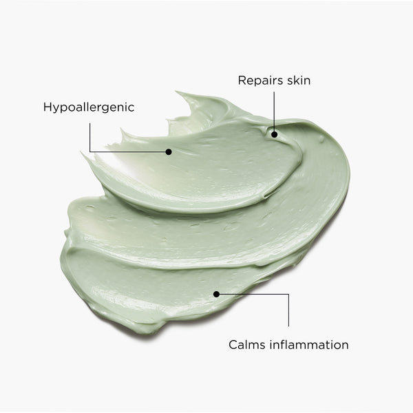 The image features a close-up of a smooth, light green cream texture labeled as Tamanu Cream Sensitive Skin Saviour. Key benefits are highlighted:

Hypoallergenic, suitable for sensitive skin types.
Repairs skin, promoting healing and restoration.
Calms inflammation, providing soothing relief for irritated skin.
The creamy texture emphasizes its rich and nourishing formula, designed for effective skin care and soothing properties.