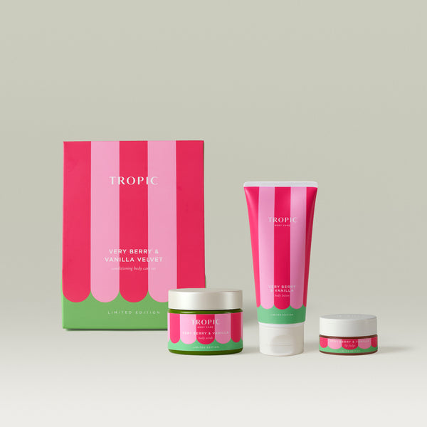 Tropic's 3-piece collection with pink and green packaging on a light gray background