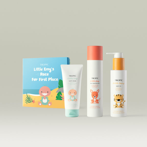 Little Tropic bundle contains: Little Emy Nappy Cream 100ml, Little Joey Baby Washing Milk 200ml, Little Roary Baby Oil 100ml and Little Emy's race for first place storybook.