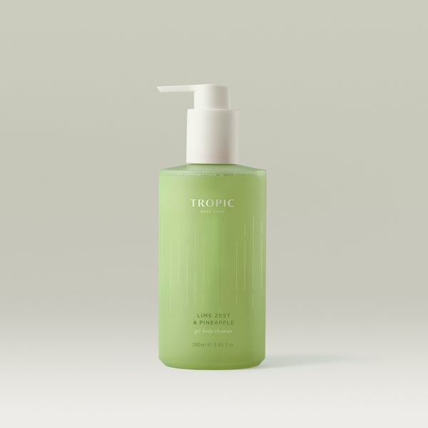 Tropic Lime Zest & Pineapple Gel Body Cleanser in a frosted green pump bottle.