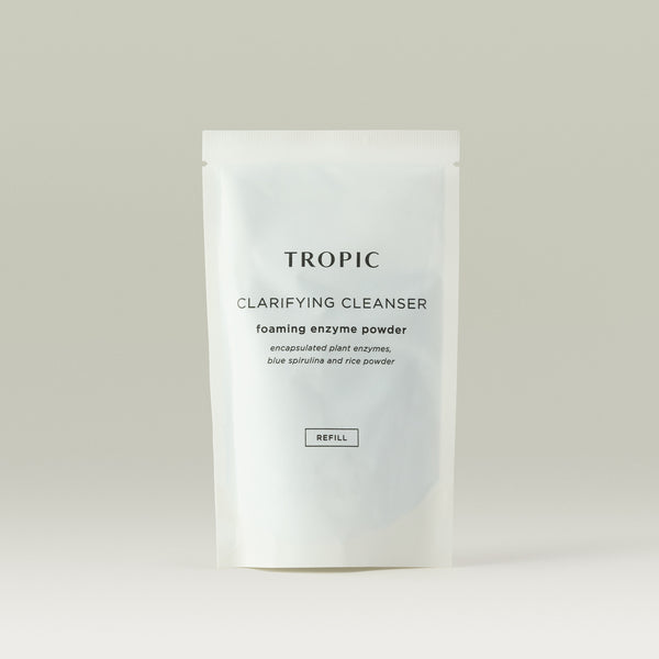 Tropic Clarifying Cleanser foaming enzyme powder encapsulated plant enzymes, blue spirulina and rice powder. This is a paper refill sachet.