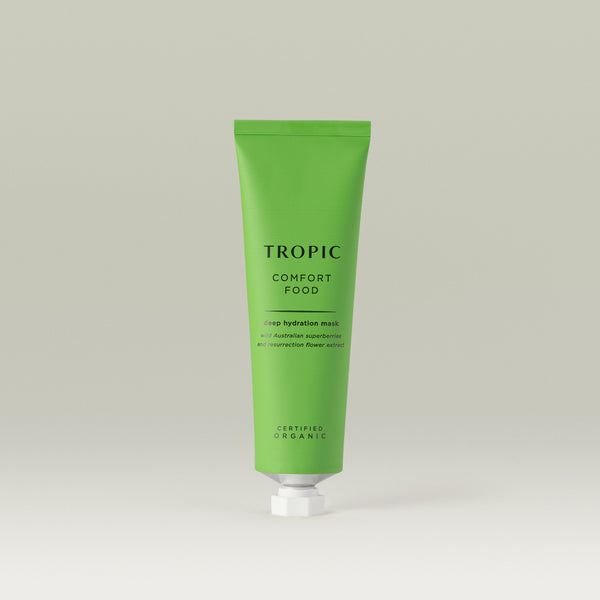 Tropic Comfort Food deep hydration mask. Wild Australian superberries and resurrection flower extract. Certified Organic. 
Green aluminium tube with white screw piercer cap.