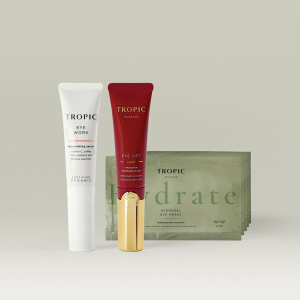 Tropic eye care products: a white Eye Work serum, a red Eye Lift tube, and 5 hydrogel eye mask sachets.