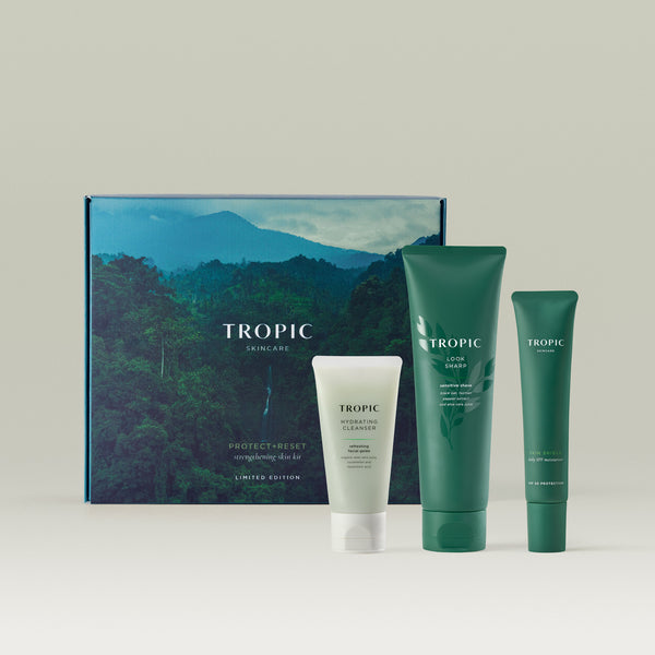 Tropic Protect & Reset strengthening skin kit with Hydrating Cleanser, Look Sharp shave gel and Skin Shield SPF moisturiser.