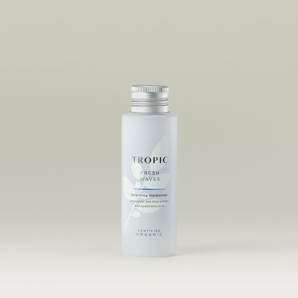 Tropic Fresh Waves balancing moisturiser refill bottle with a silver screw cap, displayed against a light neutral background.