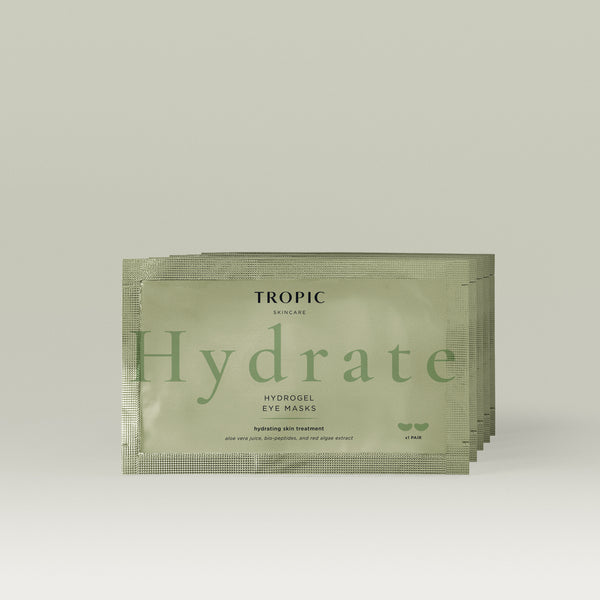 Tropic Skincare hydrogel eye masks packaging on a light gray background
