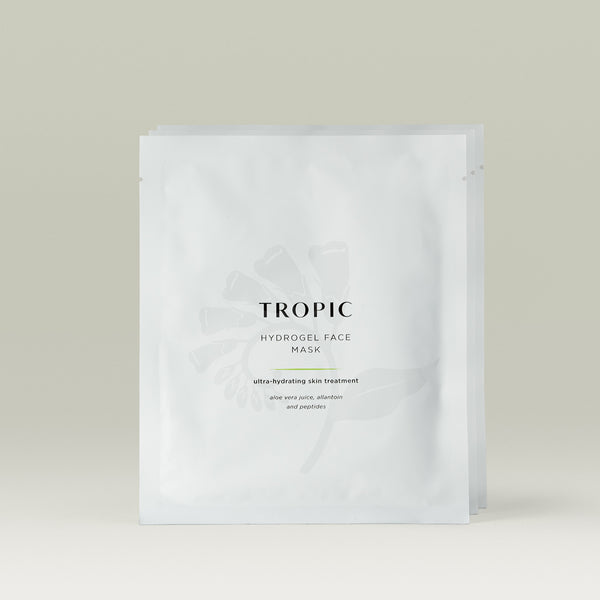 Tropic Hydrogel Face Mask x3 in a white packet, labelled as an ultra-hydrating skin treatment with aloe vera juice, allantoin, and peptides, displayed on a neutral background.
