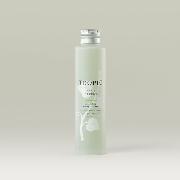 Tropic Juicy Greens exfoliating toning essence Refill.
Kiwi and cucumber juices, polyhydroxy acids and niacinamide. 
Light green glass bottle with aluminium screw top and leaf design behind black text.