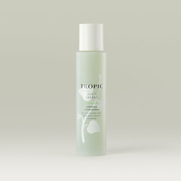 Tropic Juicy Greens exfoliating toning essence. Kiwi and cucumber juices, polyhydroxy acids and niacinamide. 
 Light green glass bottle with white plastic top and leaf design behind black text.