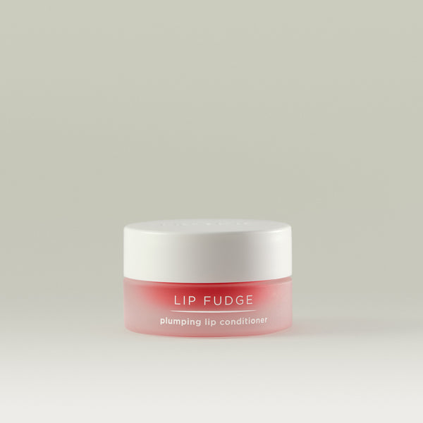 Lip Fudge plumping lip conditioner. Round glass tub with white screw top lid showing the pink shade through the container.