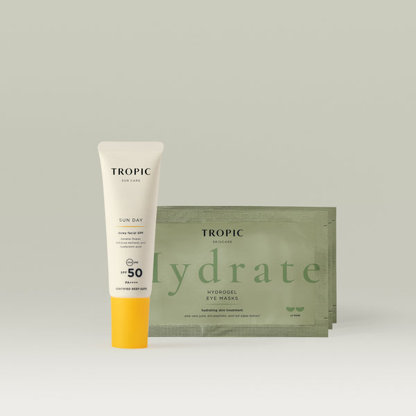 Tropic Sun Day SPF 50 sunscreen and 3 x hydrating hydrogel eye masks