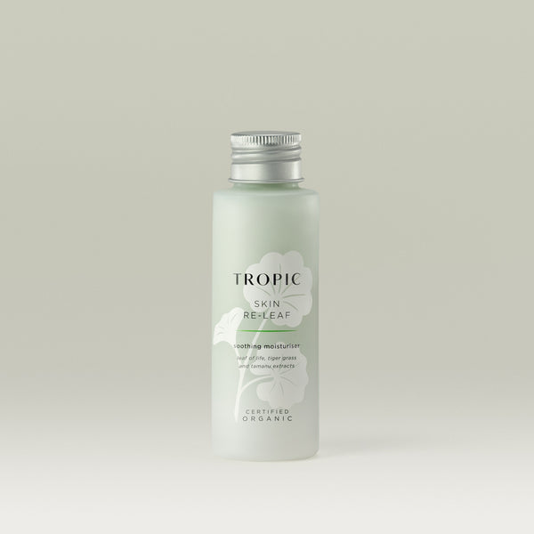 Tropic Skin Re-leaf soothing moisturiser Refill. Contains leaf of life, tiger grass and tamanu extracts. 
White lid on a light green glass bottle. White leaf design behind black text.