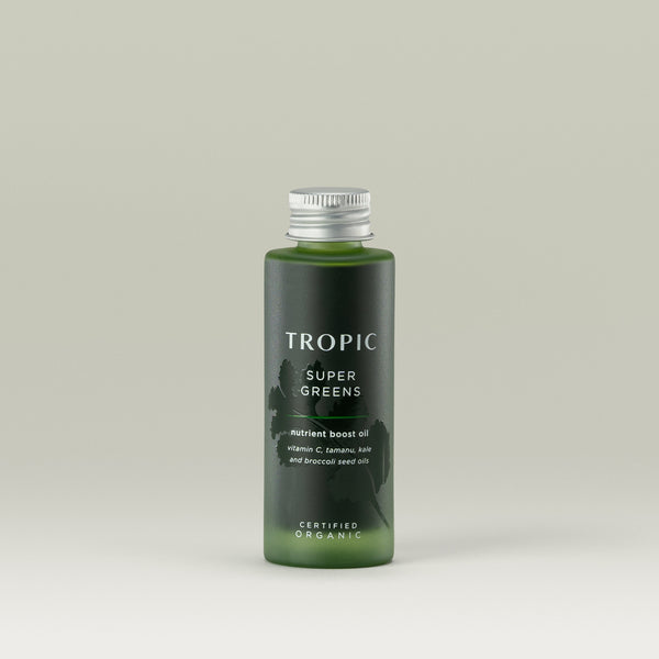 Tropic Super Greens nutrient boost oil Refill.
Contains Vitamin C, tamanu, kale and broccoli seed oils.  Certified Organic.
White pipette dispenser on dark green glass bottle with embossed leaf design behind white text.