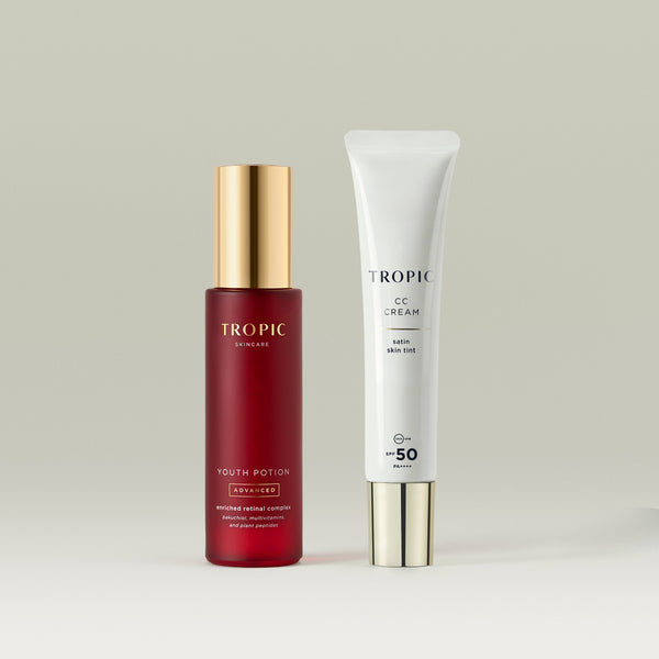 Two Tropic products displayed together: a red Youth Potion Advanced serum and a white CC Cream with SPF 50 for tinted skin coverage.
