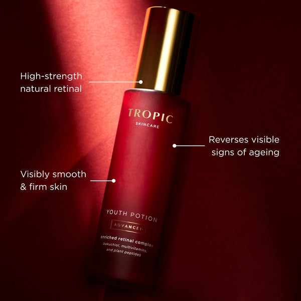 Red Tropic skincare bottle highlighting retinal-powered anti-ageing benefits for smoother, firmer skin.