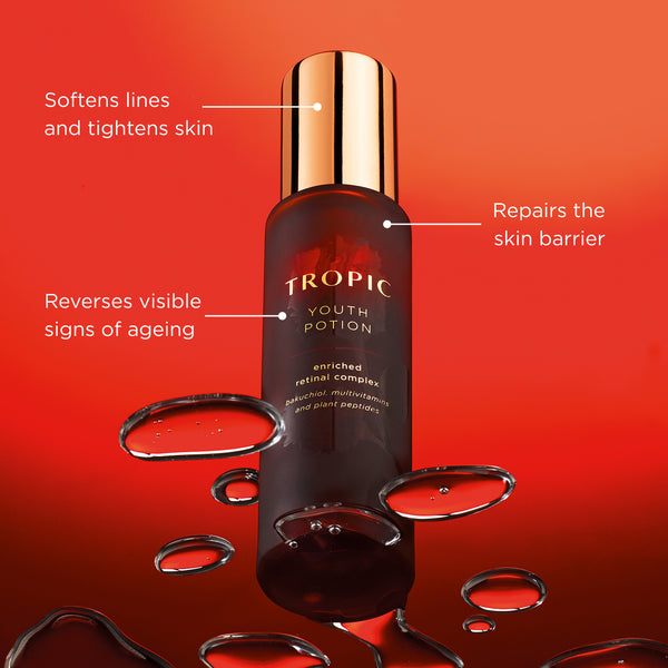 A red Tropic Skincare Youth Potion bottle with a gold lid is centered against a warm orange-red background, surrounded by glossy droplets of serum. Callouts highlight key benefits: softens lines and tightens skin, repairs the skin barrier, and reverses visible signs of ageing.